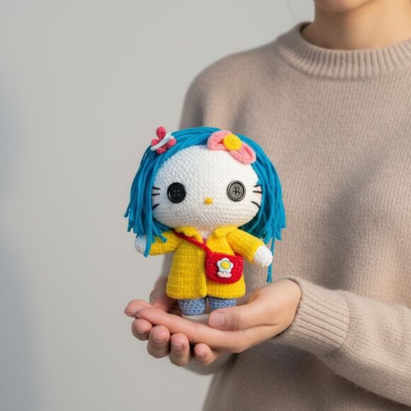 Coraline Hello Kitty Crochet Doll Plush | Handmade Sanrio Amigurumi - Picture 8 of 8